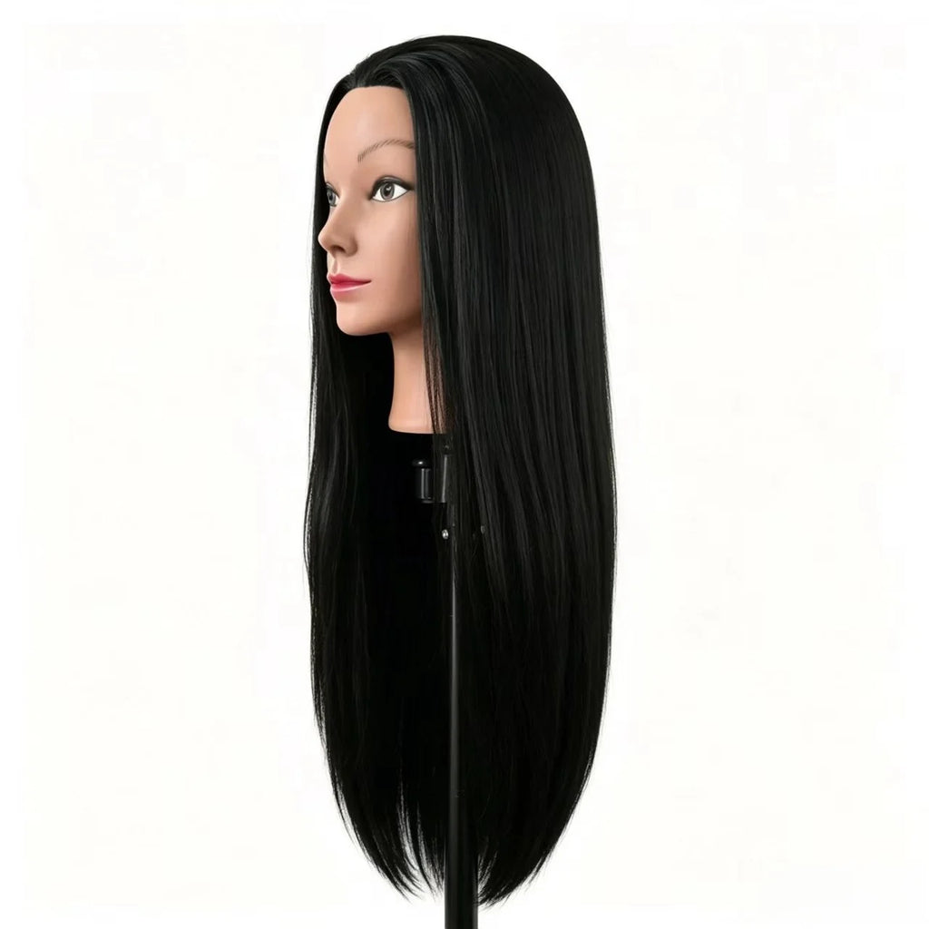 26" Long Black Hair Synthetic Training Head | Free Stand, for Curling, Braiding, Updos & Trimming