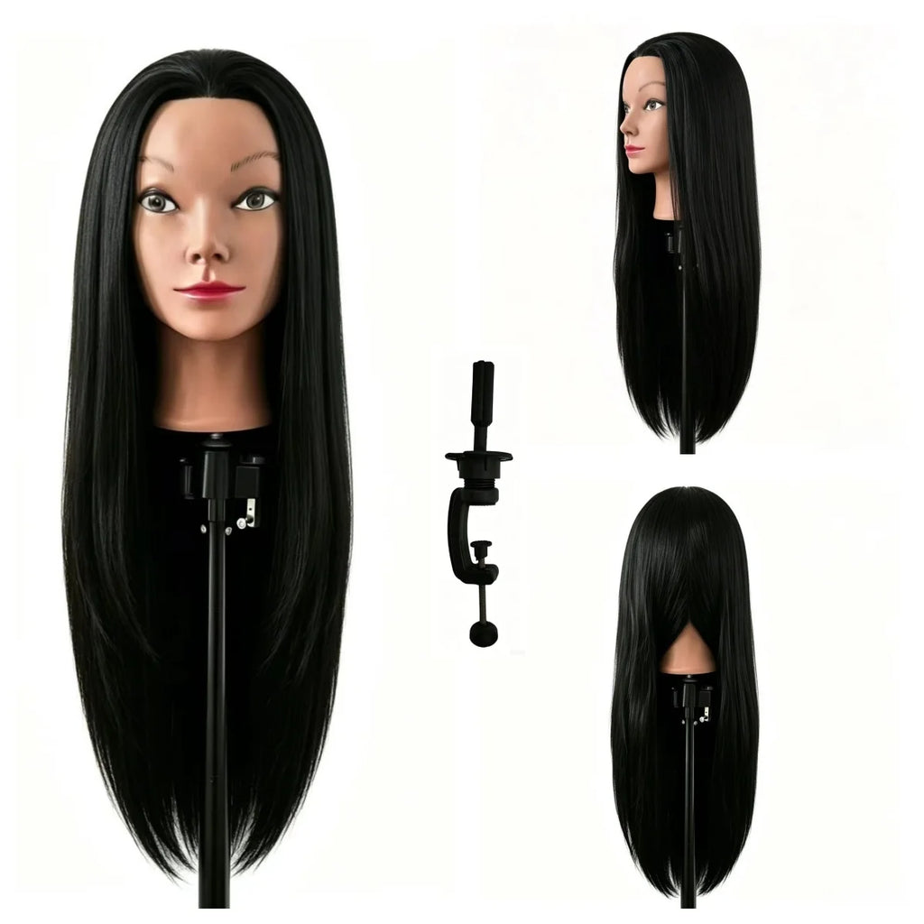 26" Long Black Hair Synthetic Training Head | Free Stand, for Curling, Braiding, Updos & Trimming