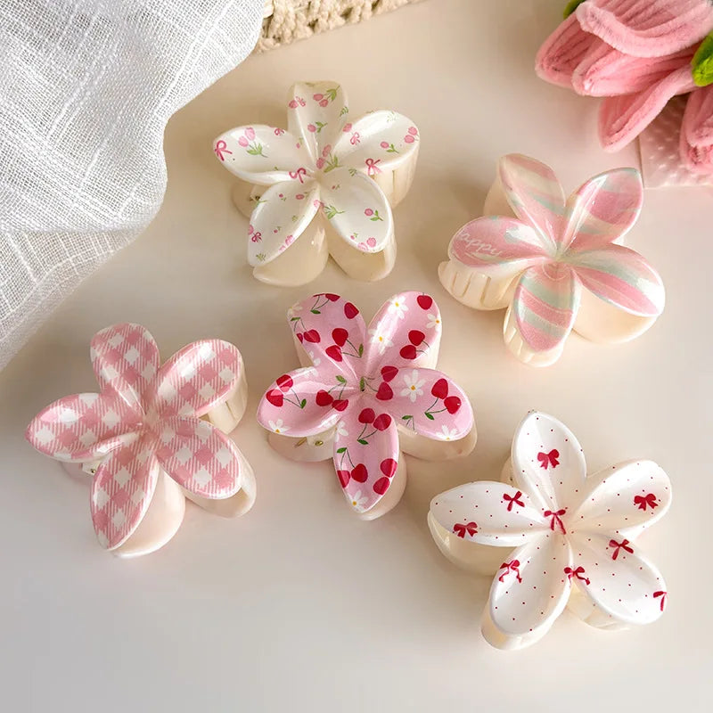 Cute and Pastel Hair Accessories: Checkered Bows, Cherry Blossoms, and Frangipani Hair Clips for Girls (Back-of-Head Hairpins)