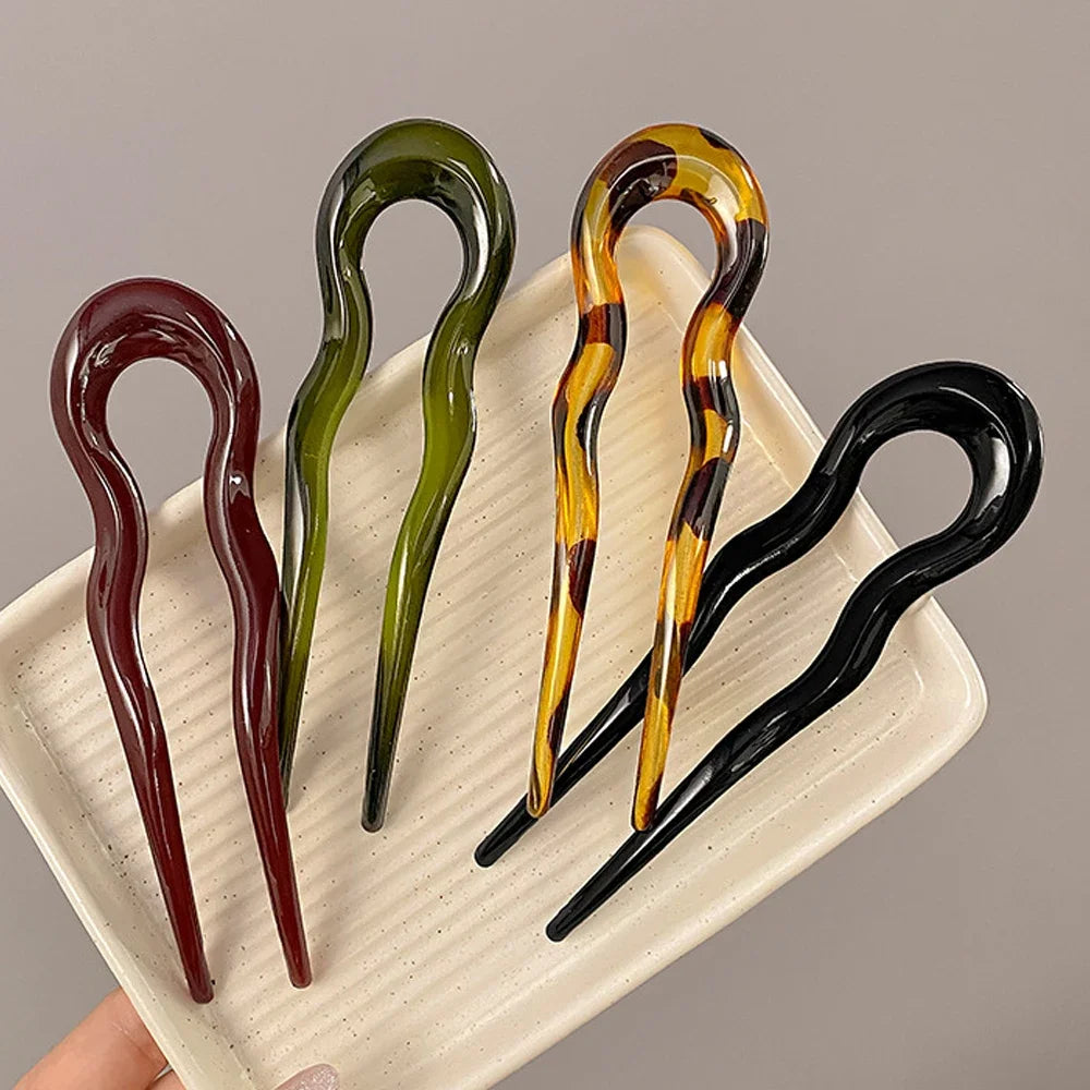 French Styles Wavy U Shaped Hairpins 2 Prong Resin Hair Forks For Buns Chignons Women Girls Party Hairstyle Accessories