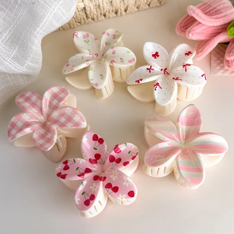 Cute and Pastel Hair Accessories: Checkered Bows, Cherry Blossoms, and Frangipani Hair Clips for Girls (Back-of-Head Hairpins)