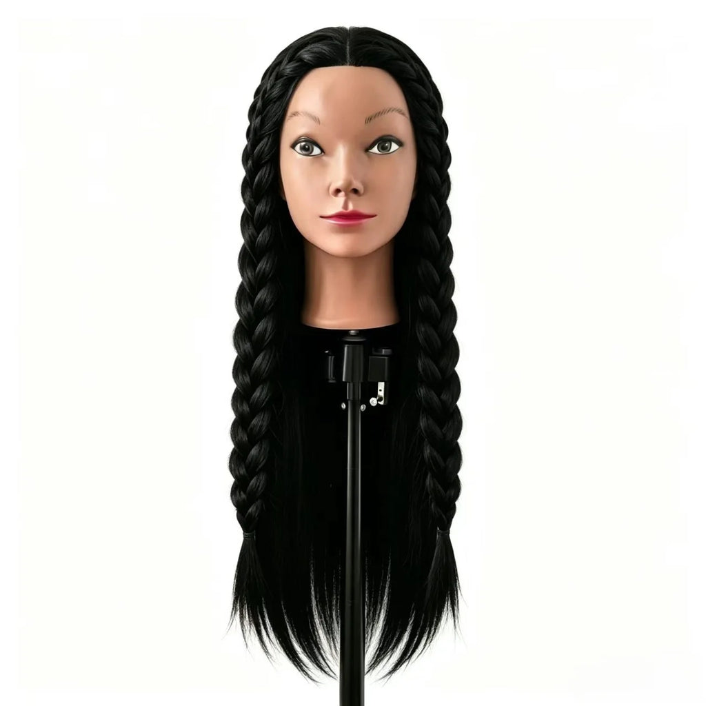 26" Long Black Hair Synthetic Training Head | Free Stand, for Curling, Braiding, Updos & Trimming