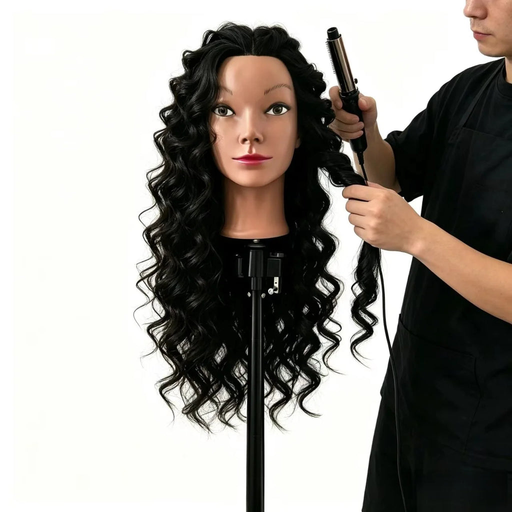 26" Long Black Hair Synthetic Training Head | Free Stand, for Curling, Braiding, Updos & Trimming