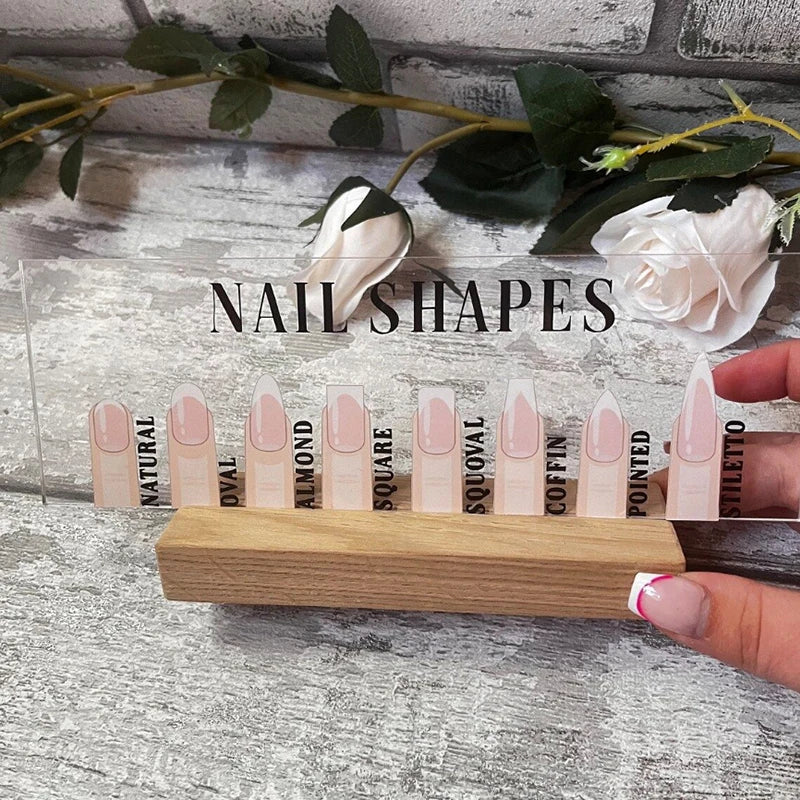 Nail Shapes Display Board With Wood Base Mannequin Fingertips And Nail Shape Guide Static Artwork Sign For Salon Decor