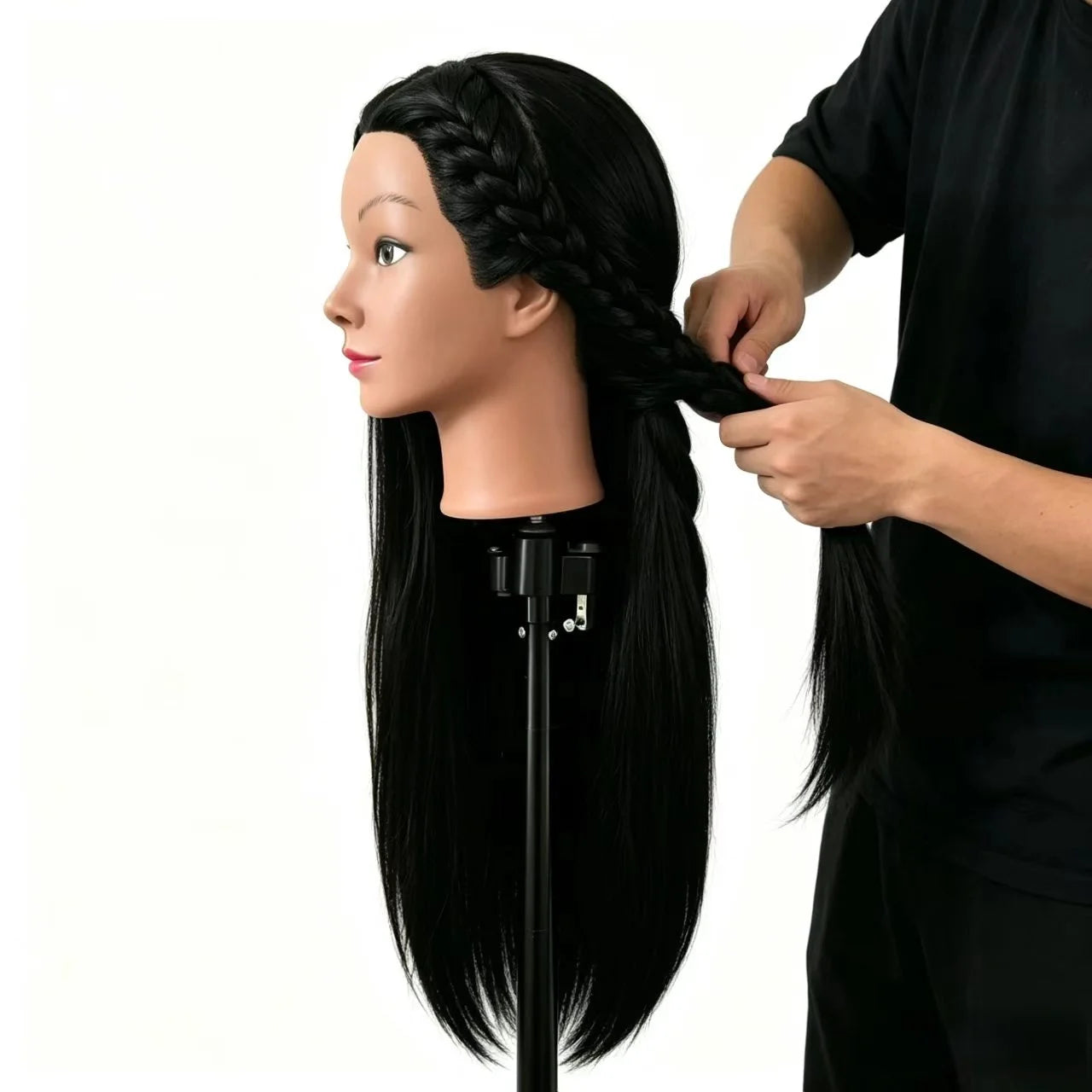 26" Long Black Hair Synthetic Training Head | Free Stand, for Curling, Braiding, Updos & Trimming
