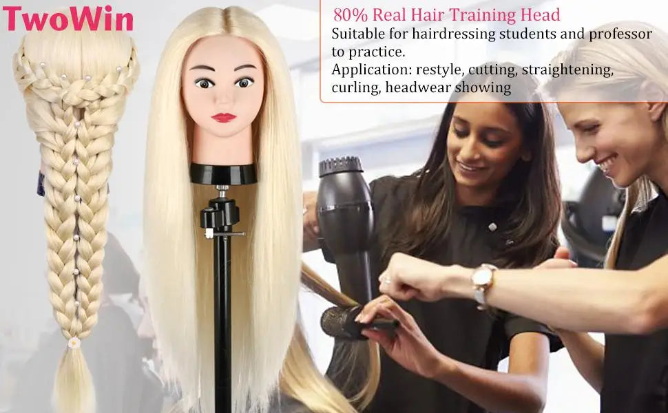 80% Real Hair Mannequin Head 24'' Hair Hairdresser Training Head With Clamp Manikin Cosmetology Doll Head For Braiding Curling