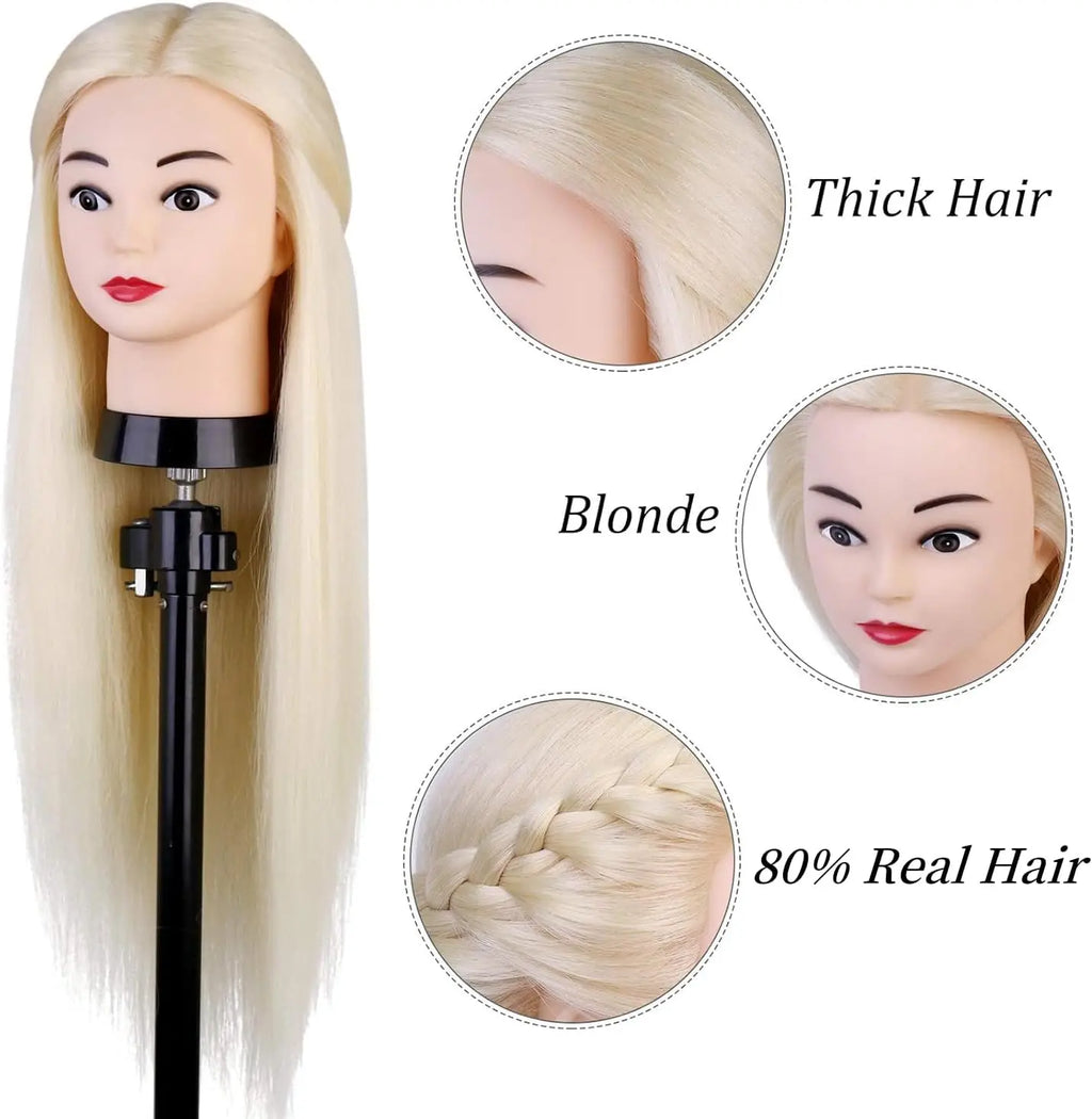 80% Real Hair Mannequin Head 24'' Hair Hairdresser Training Head With Clamp Manikin Cosmetology Doll Head For Braiding Curling