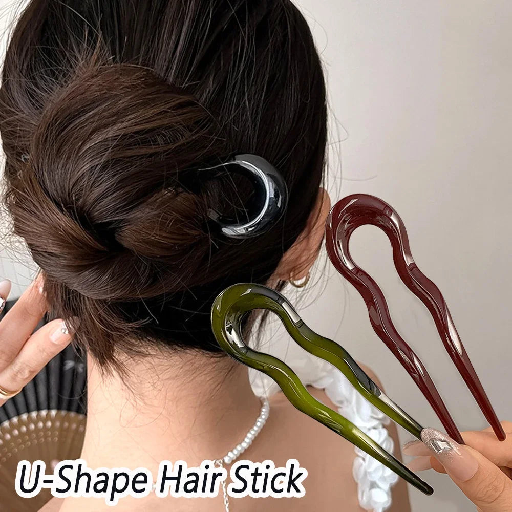 French Styles Wavy U Shaped Hairpins 2 Prong Resin Hair Forks For Buns Chignons Women Girls Party Hairstyle Accessories