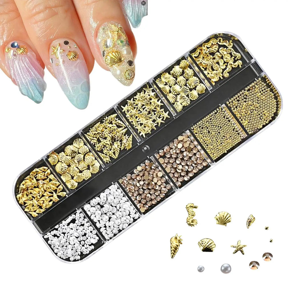 Nails  art Rhinestone 1 Box Gold Silver Metal Rivets Nails Accessories Starfish Conch Jellyfish Nail Ocean Style Nails Art Decor