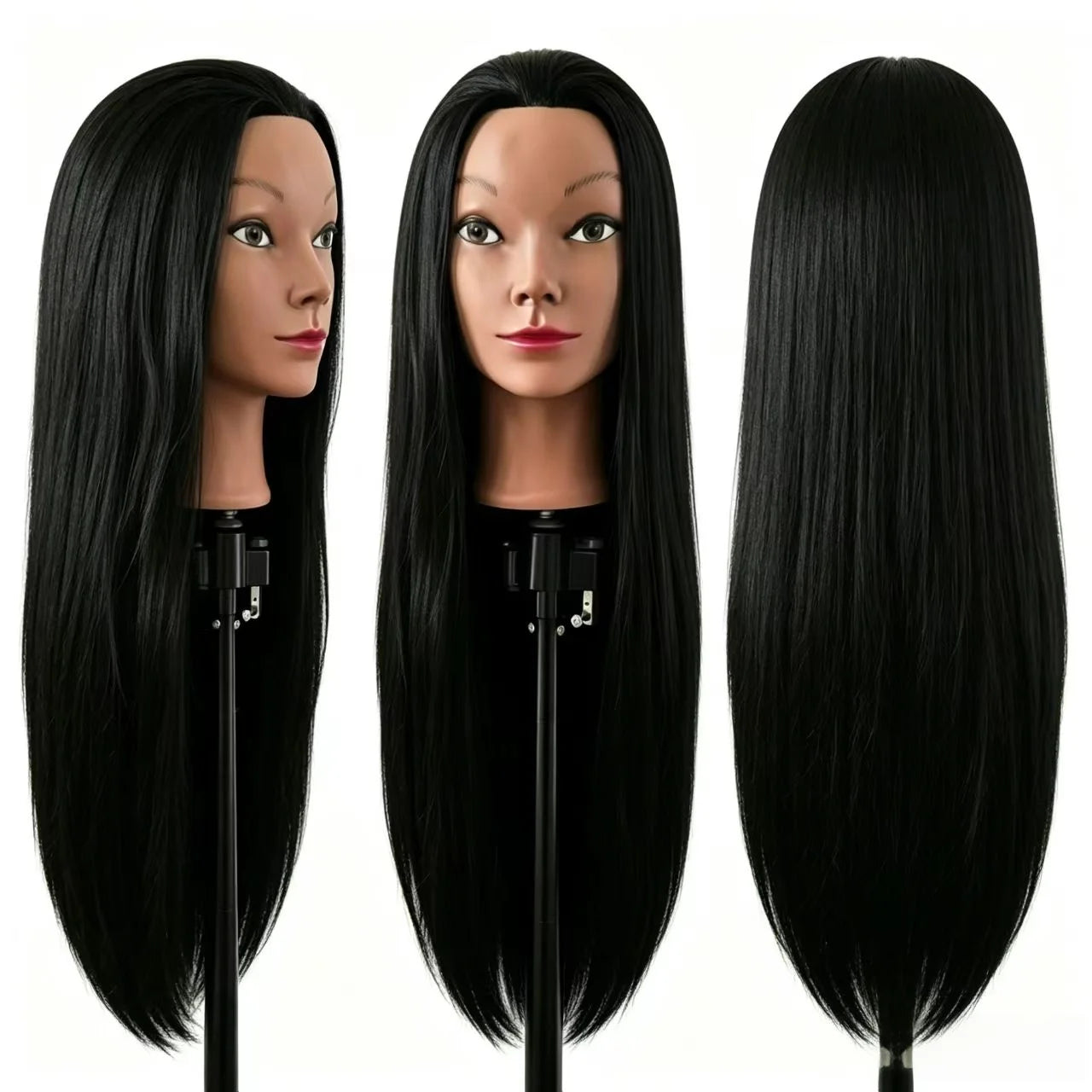 26" Long Black Hair Synthetic Training Head | Free Stand, for Curling, Braiding, Updos & Trimming