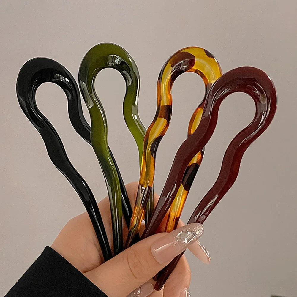 French Styles Wavy U Shaped Hairpins 2 Prong Resin Hair Forks For Buns Chignons Women Girls Party Hairstyle Accessories