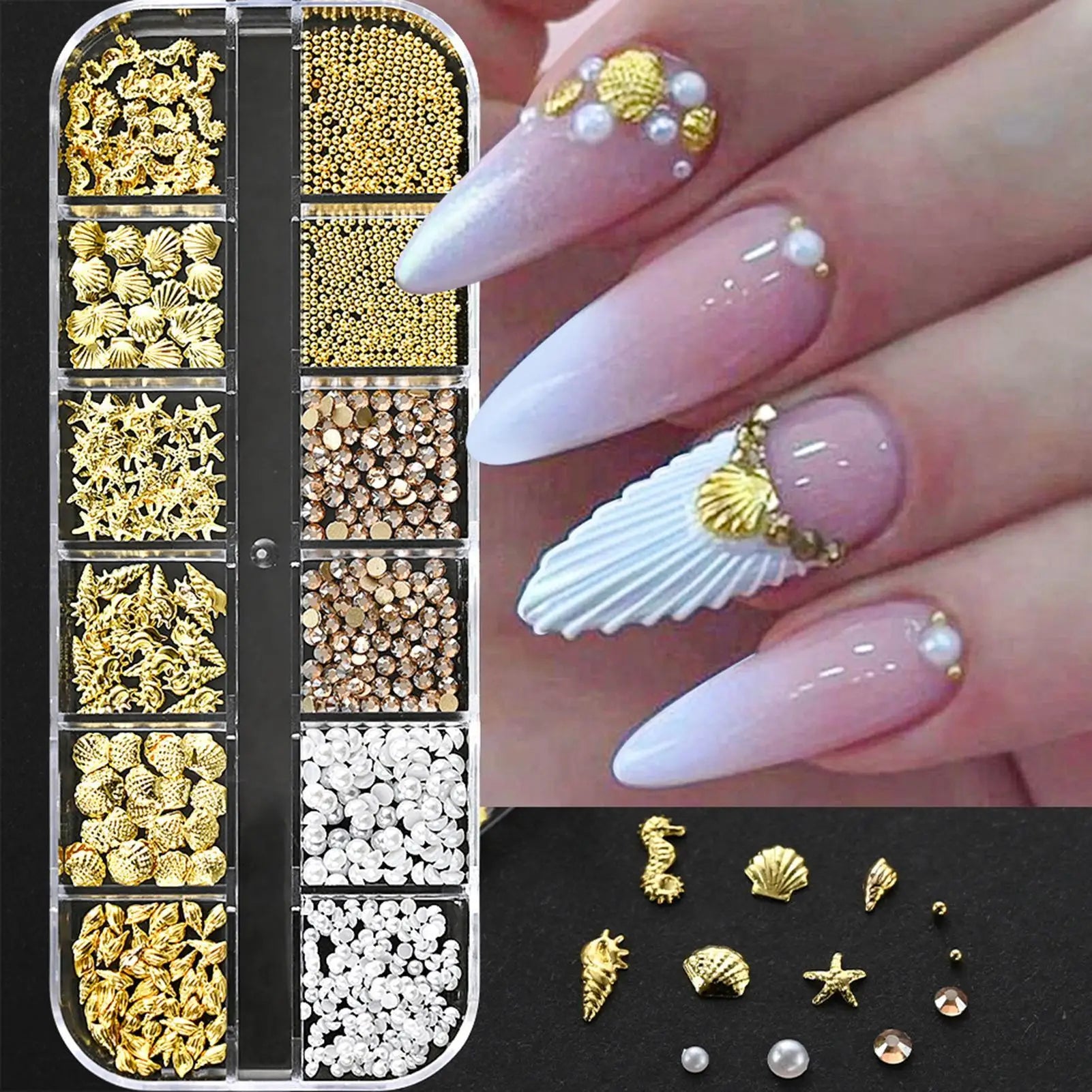Nails  art Rhinestone 1 Box Gold Silver Metal Rivets Nails Accessories Starfish Conch Jellyfish Nail Ocean Style Nails Art Decor