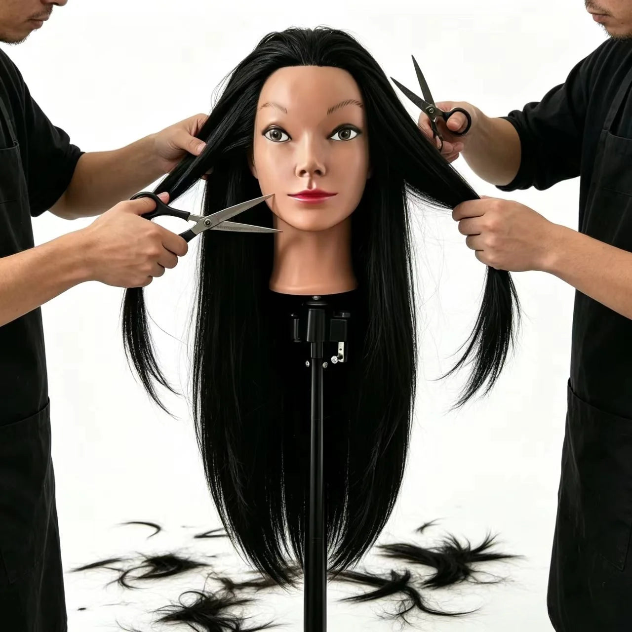 26" Long Black Hair Synthetic Training Head | Free Stand, for Curling, Braiding, Updos & Trimming