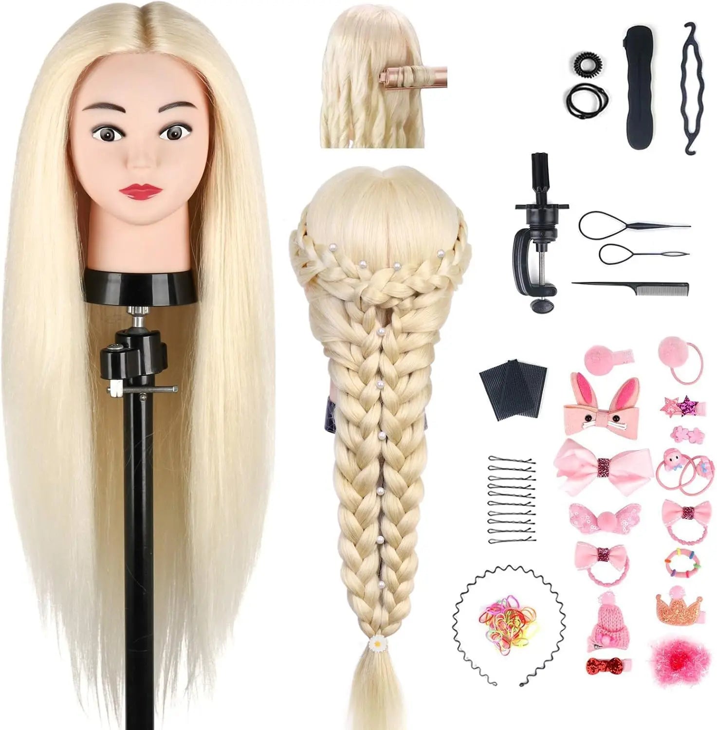 80% Real Hair Mannequin Head 24'' Hair Hairdresser Training Head With Clamp Manikin Cosmetology Doll Head For Braiding Curling