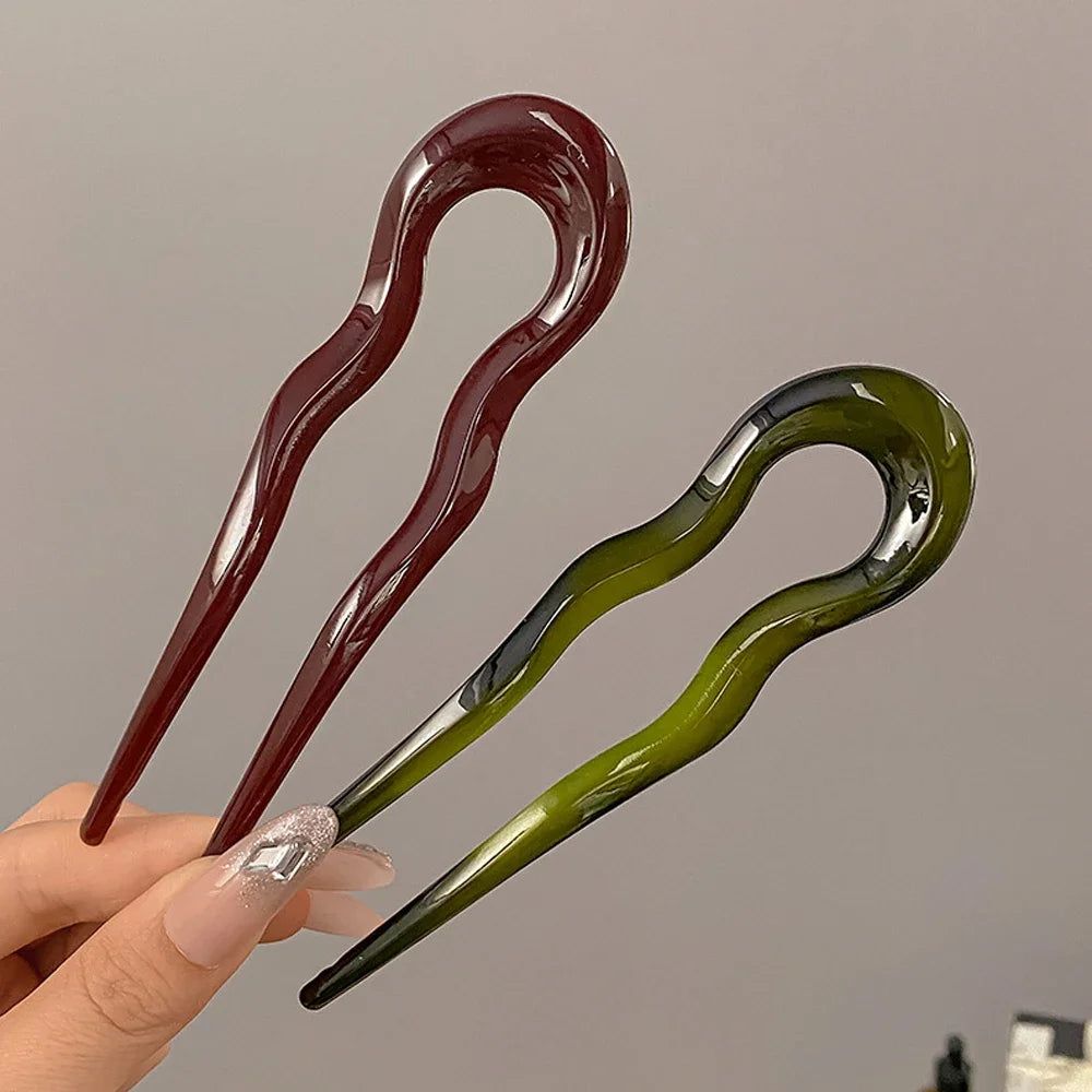 French Styles Wavy U Shaped Hairpins 2 Prong Resin Hair Forks For Buns Chignons Women Girls Party Hairstyle Accessories