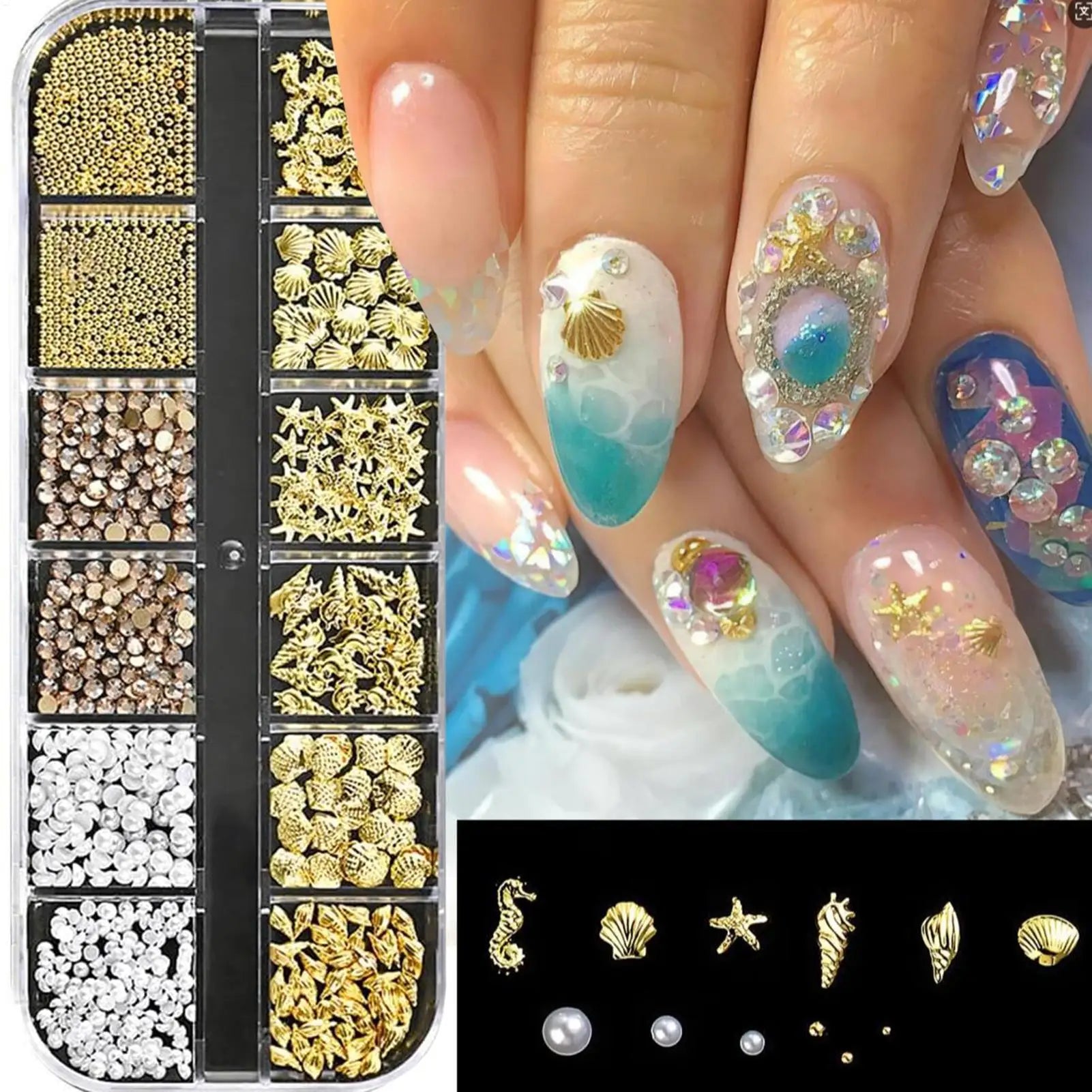 Nails  art Rhinestone 1 Box Gold Silver Metal Rivets Nails Accessories Starfish Conch Jellyfish Nail Ocean Style Nails Art Decor
