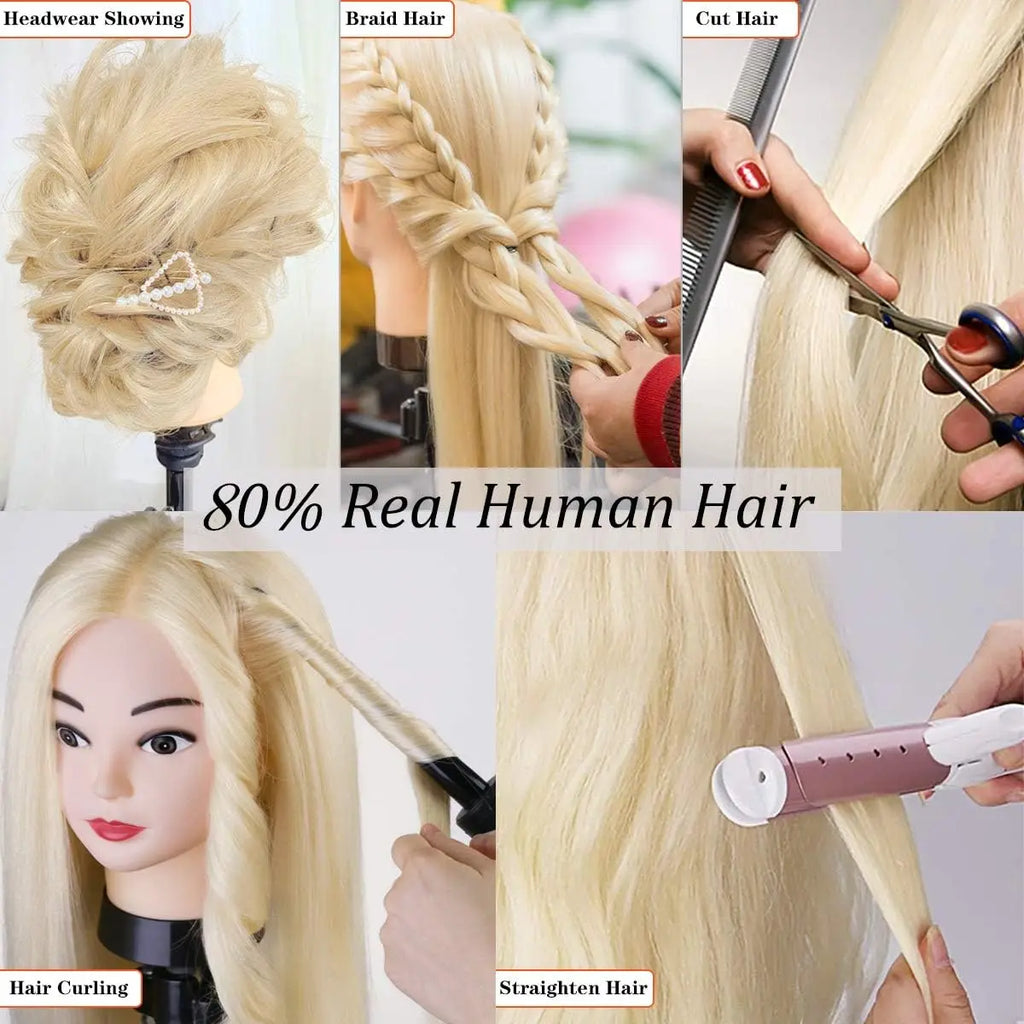 80% Real Hair Mannequin Head 24'' Hair Hairdresser Training Head With Clamp Manikin Cosmetology Doll Head For Braiding Curling