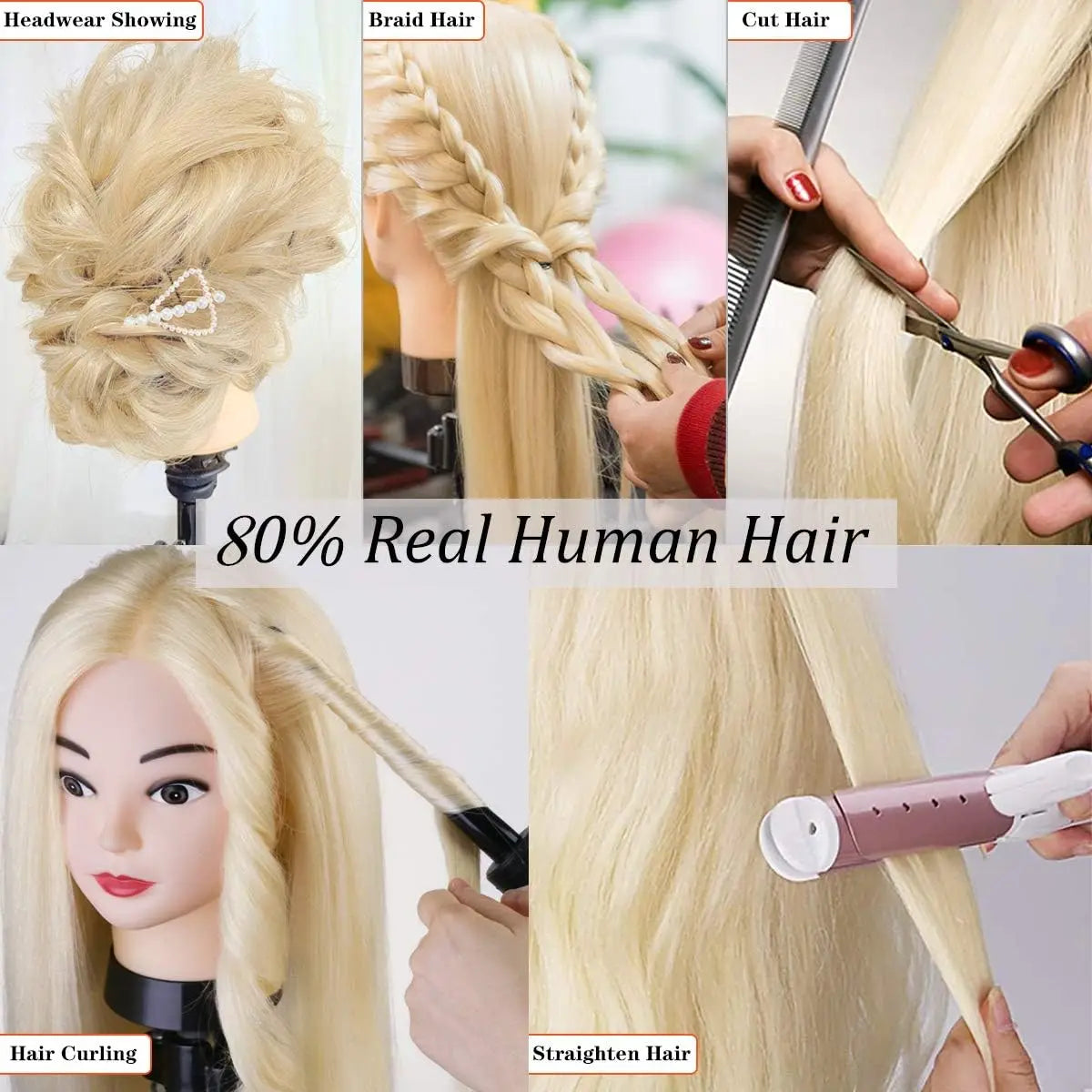 80% Real Hair Mannequin Head 24'' Hair Hairdresser Training Head With Clamp Manikin Cosmetology Doll Head For Braiding Curling