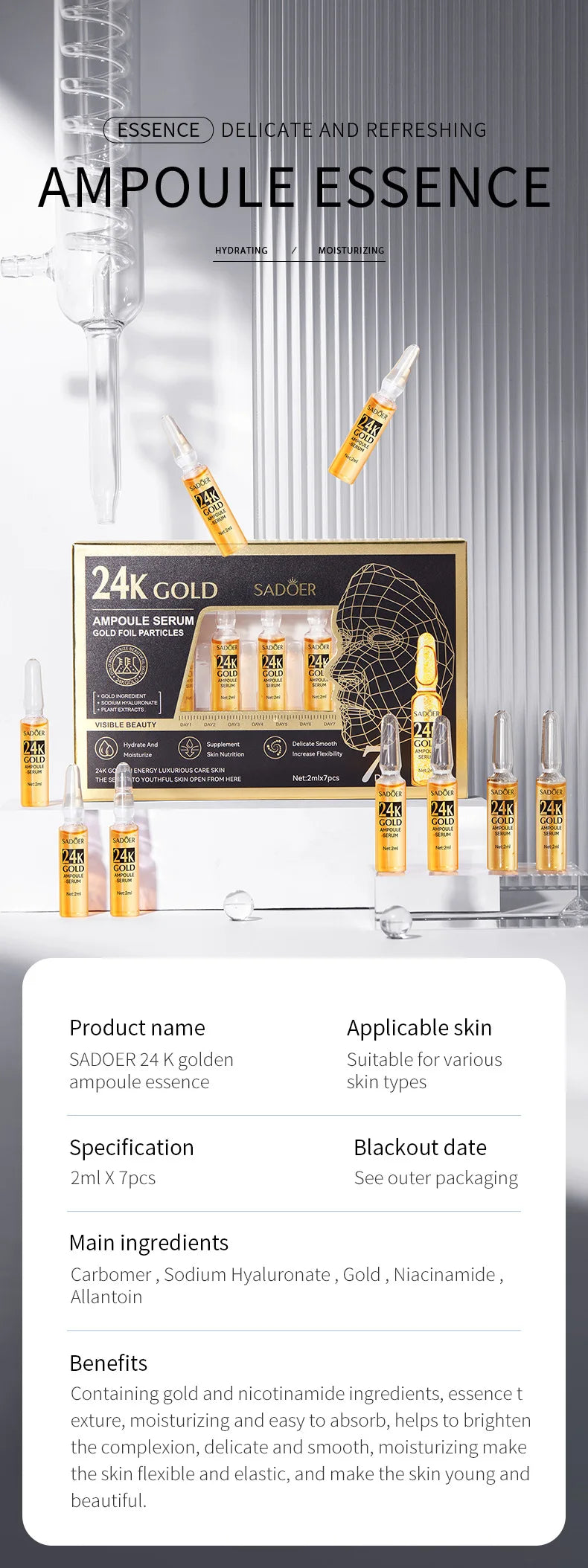 24K Gold Anti-aging Face Serum Dark Spots Removal Hyaluronic Acid Pore Minimizer Whitening Wrinkle Remove Essence Skin Care