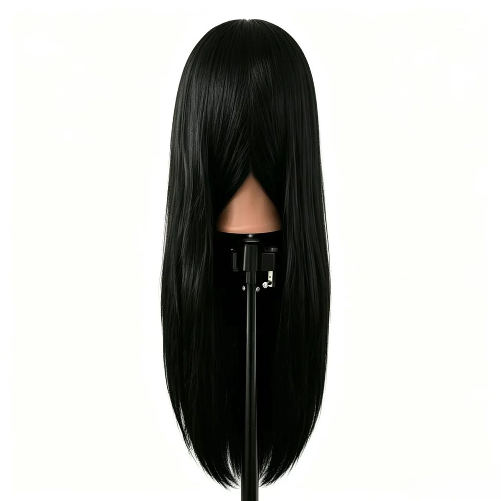 26" Long Black Hair Synthetic Training Head | Free Stand, for Curling, Braiding, Updos & Trimming
