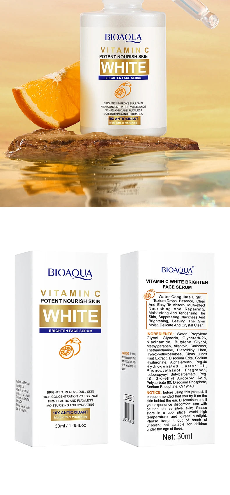BIOAQUA Vitamin C Face Serum Whitening Moisturizing Anti Wrinkles Anti Wrinkles Anti-Aging Facial Essence for Face Skin Care