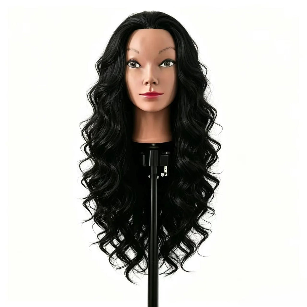 26" Long Black Hair Synthetic Training Head | Free Stand, for Curling, Braiding, Updos & Trimming