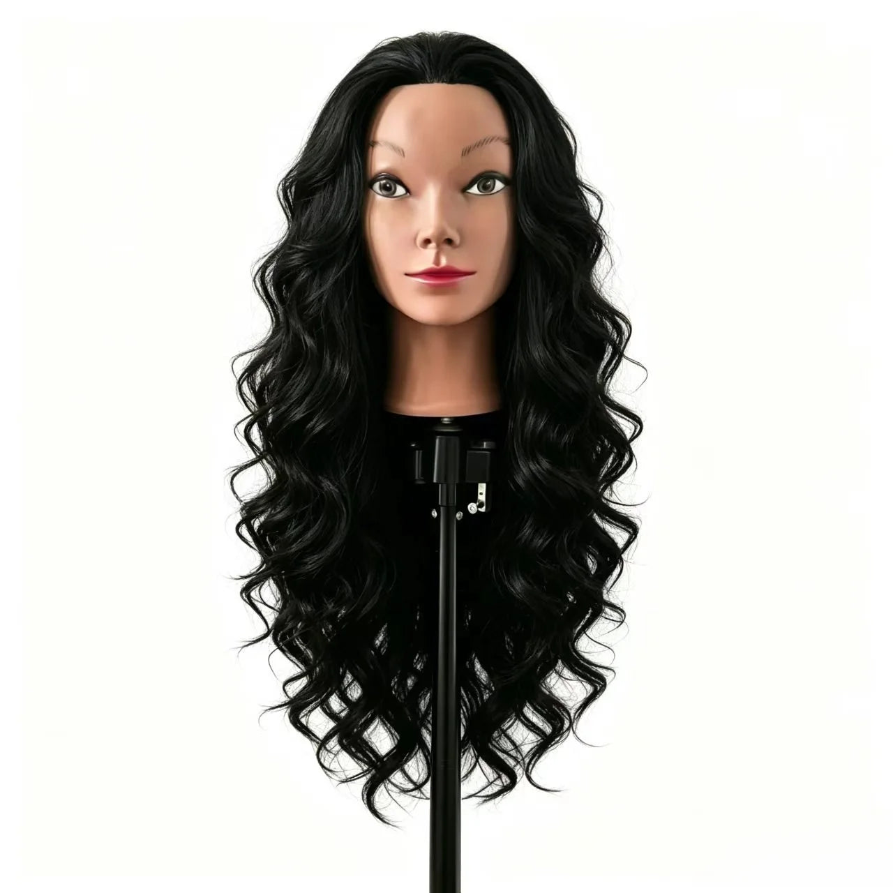 26" Long Black Hair Synthetic Training Head | Free Stand, for Curling, Braiding, Updos & Trimming